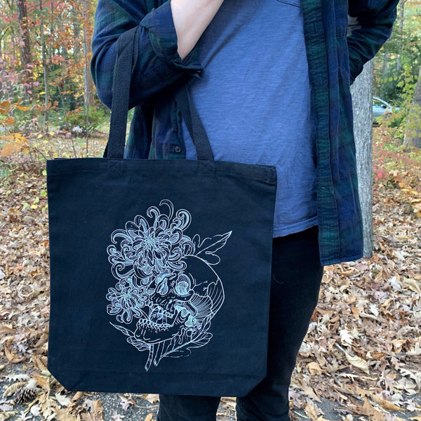 Black Skull and Chrysanthemum Canvas Tote Bag